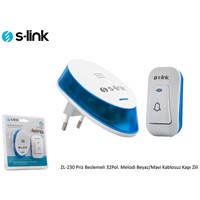 S-link ZL-230 Priz Beslemeli 32Pol. Melodi Beyaz/Mavi Kablosuz Kapı Zili