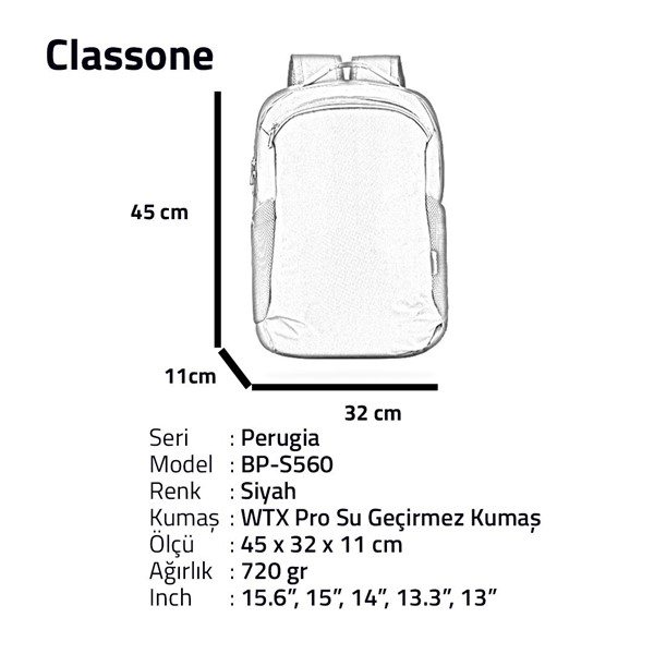 Classone 15.6 Perugia Serisi BP-S560 Wtx Pro Sırt Çantası Siyah