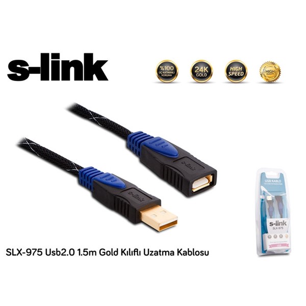 S-link SLX-975 Usb2.0 1.5m Gold Kılıflı Uzatma Kablosu