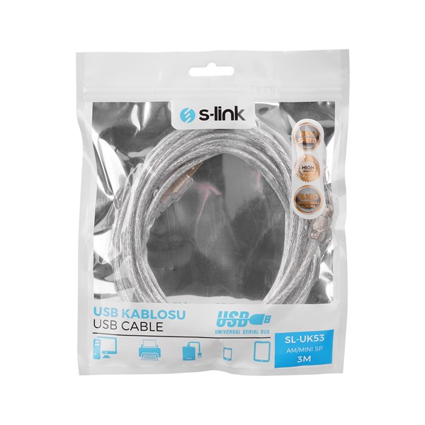 S-link SL-UK53 Usb2.0 3m Şeffaf Usb AM/Mini 5pin Kablo