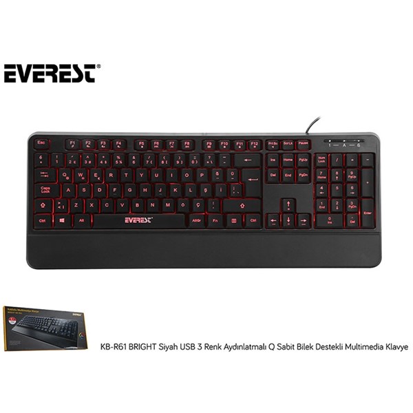 Everest KB-R61 BRIGHT Siyah USB 3 Renk Aydınlatmalı Q Sabit Bilek Destekli Multimedia Klavye