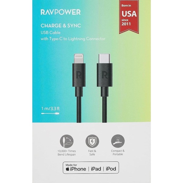 Ravpower RP-CB1016 Type-C To Lightning Cable 1M Tpe Black