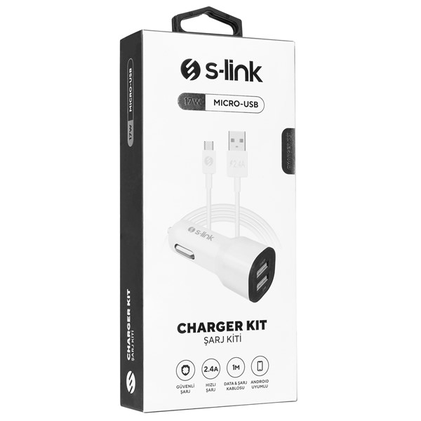 S-link SL-EC30M Micro USB Kablolu 3.4A 2 USB Beyaz Araç Şarj Cihazı