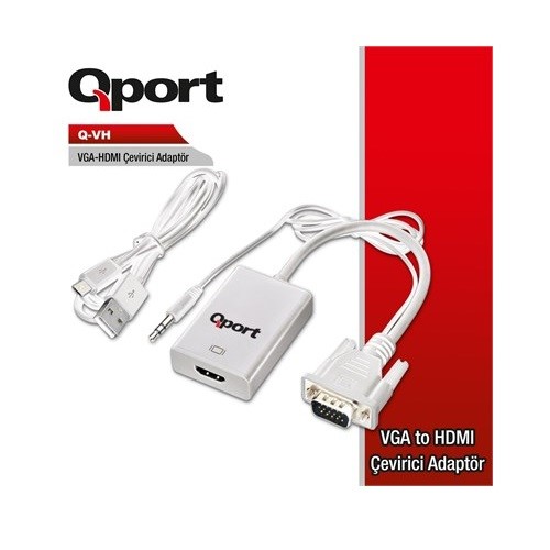 QPORT Q-VH 0.15metre VGA- HDMI Görüntü Adaptörü Beyaz Sesli 1080p