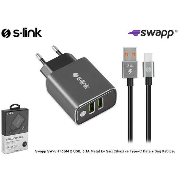 S-link Swapp SW-EHT36M 2 USB, 3.1A Metal Ev Sarj Cihazı ve Type-C Data  Sarj Kablosu