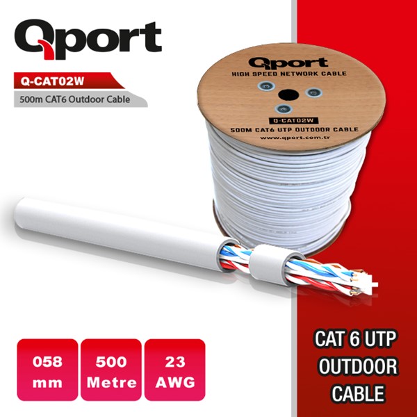 QPORT CAT6 Utp 23AWG Beyaz 500m Outdoor Makaralı Kablo Q-CATO2W