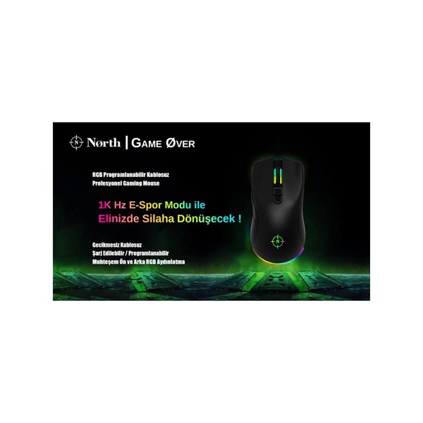 NORTH Game Over Kablosuz 10000dpi Gaming Siyah Mouse RGB