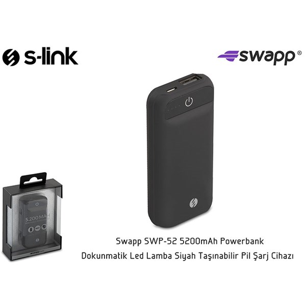 S-Link Swapp SWP-52 5200mAh Powerbank Dokunmatik Led Lamba Siyah Taşınabilir Pil Şarj Cihazı