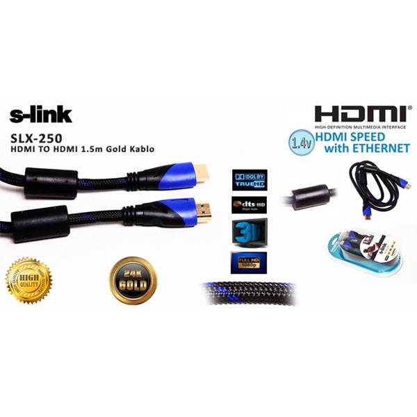 S-link SLX-250 HDMI TO HDMI 1.5m Altın Uçlu 24K  Kor.Kılıf 1.4 Ver. 3D Kablo
