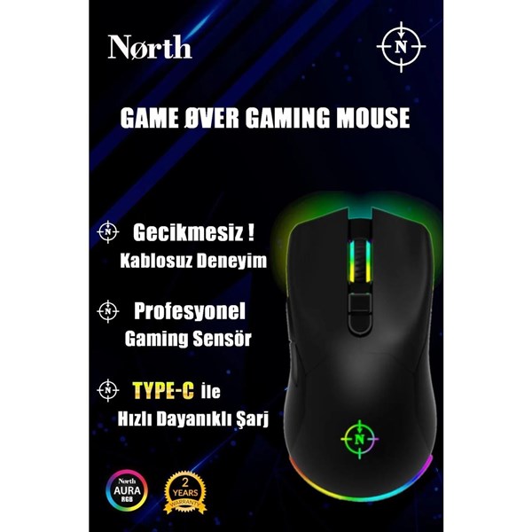 NORTH Game Over Kablosuz 10000dpi Gaming Siyah Mouse RGB