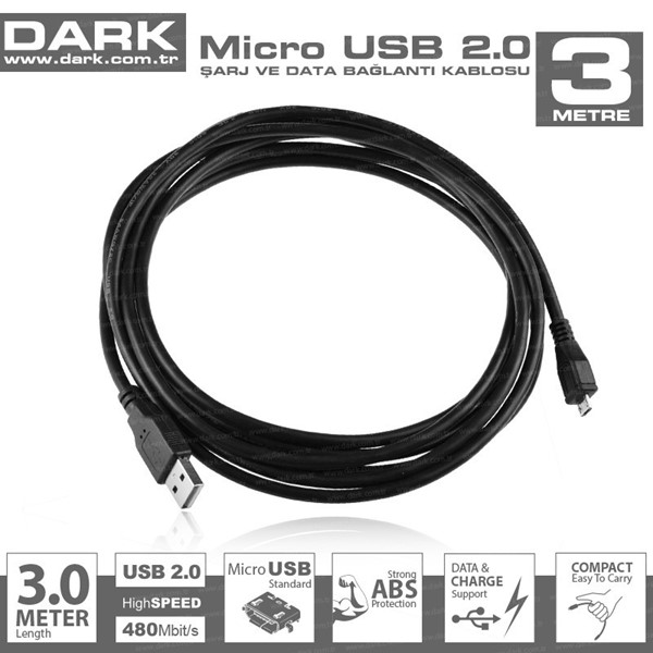 DARK 3metre DK-CB-USB2MICROL300 Micro USB 2.0 Kablo Siyah