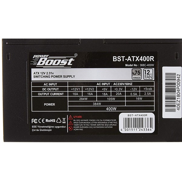 PowerBOOST 400W BST-ATX400R 12cm Fanlı Power Supply	