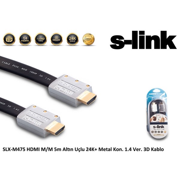 S-link SLX-M475 HDMI M/M 5m Altın Uçlu 24K Metal Kon. 1.4 Ver. 3D Kablo