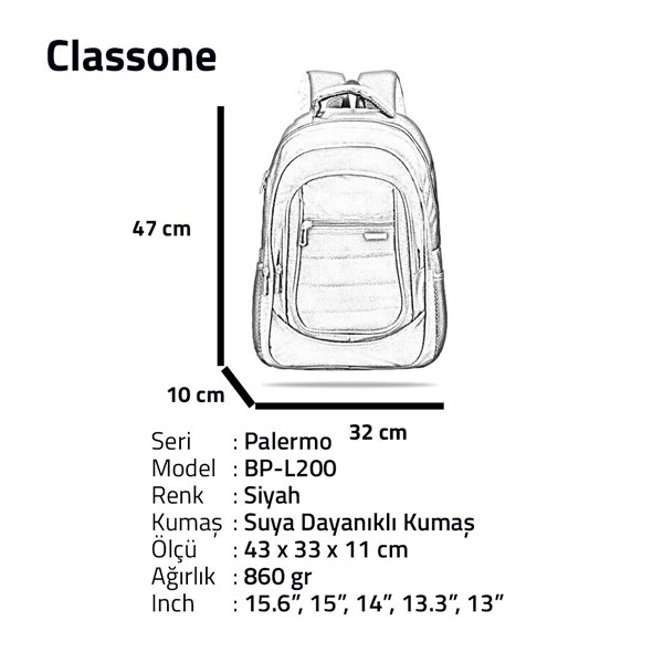 Classone 15.6 Palermo Large BP-L200 Siyah Notebook Sırt Çantası