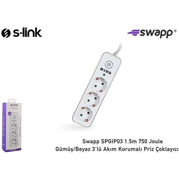 S-link Swapp SPGIP03 1.5m 750 Joule Gümüş/Beyaz 3Lü Akım Kor. Priz Çoklayıcı