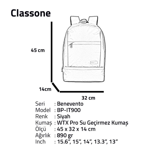 Classone Bp-It900 Benevento Serisi 15.6Sırt Çantası
