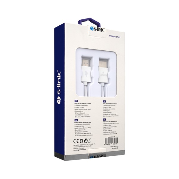 S-link Swapp SW-HD1 HDMI TO HDMI 1.5m Beyaz. 2.0 Ver Real3D 2160P 4K Ultra DH Kablo