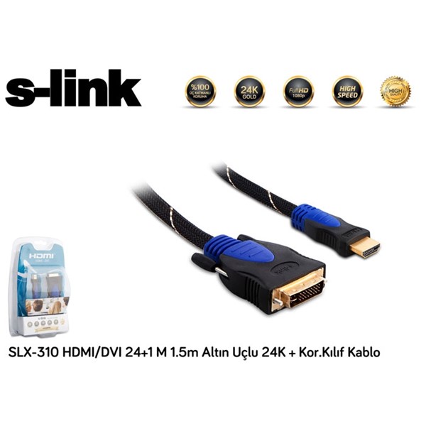 S-link SLX-310 HDMI/DVI 241 M 1.5m Altın Uçlu 24K  Kor.Kılıf Kablo